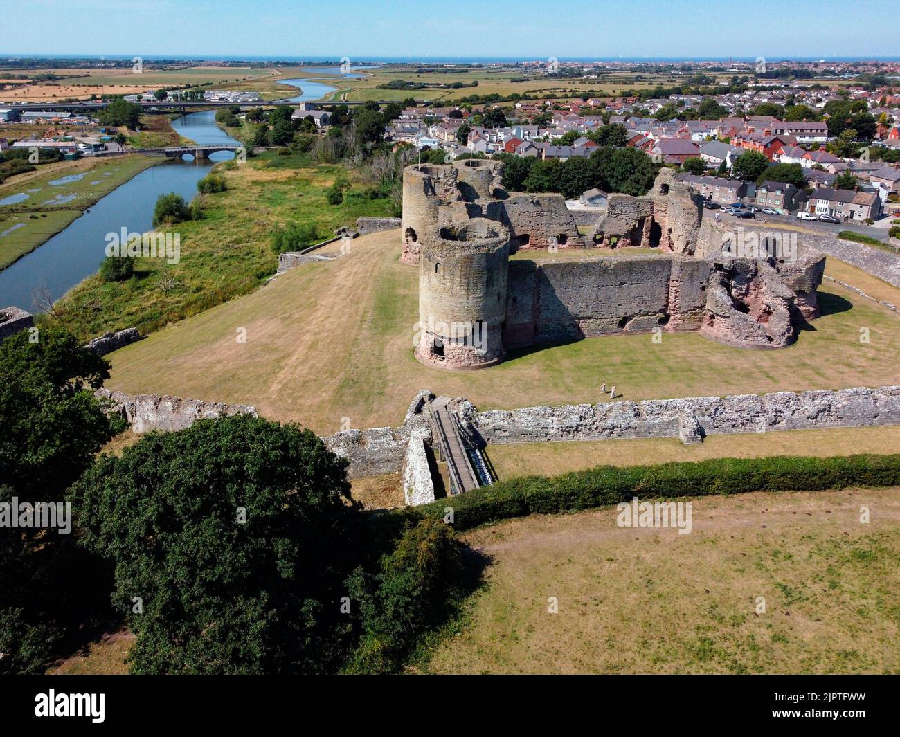 Aerial view of the medieval ruins of Rhuddlan Castle in Denbighshire, North Wales. Dates fron 1277. Stock Photo