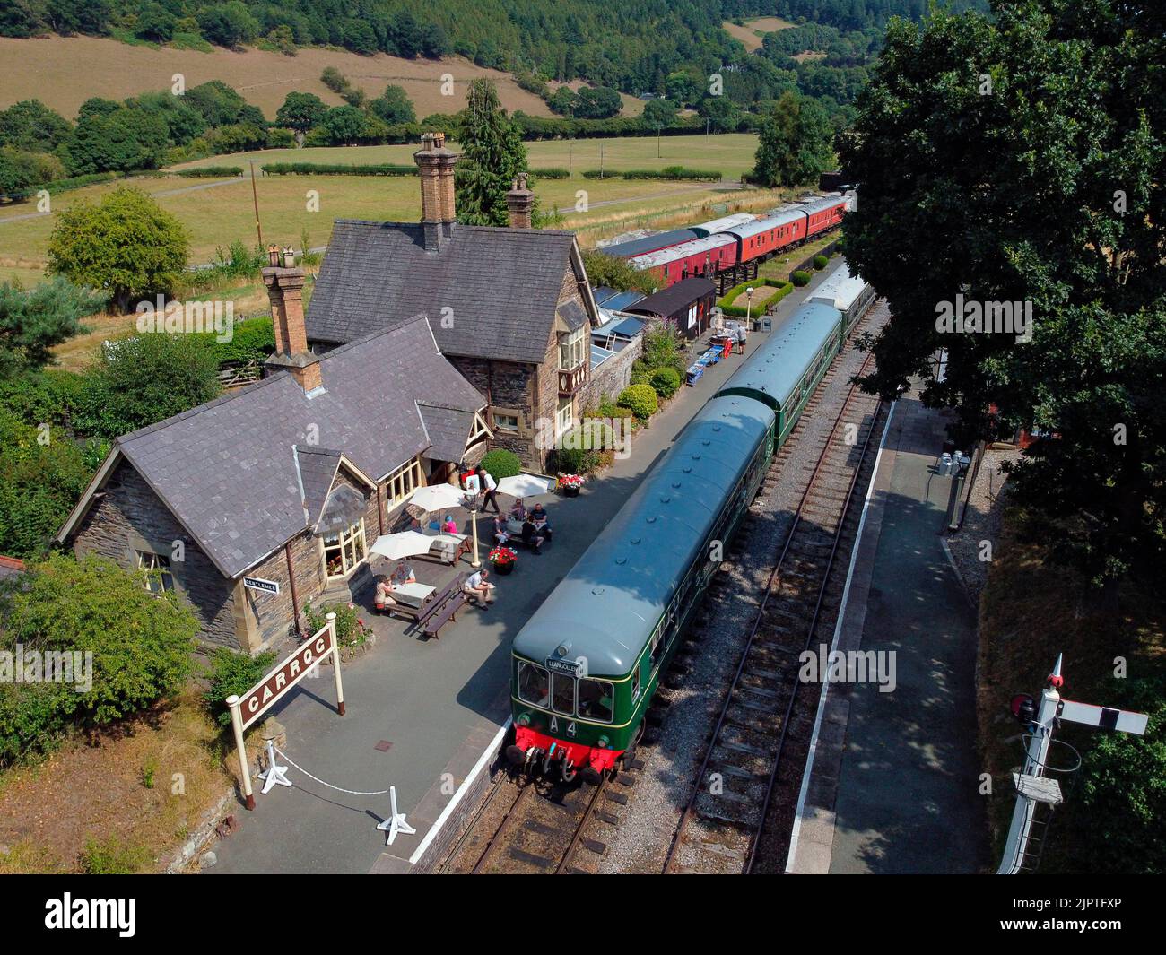 Aerial view of the Llangollen to Carrog Heritage Train in Carrog Station. Denbighshire, North Wales. Stock Photo