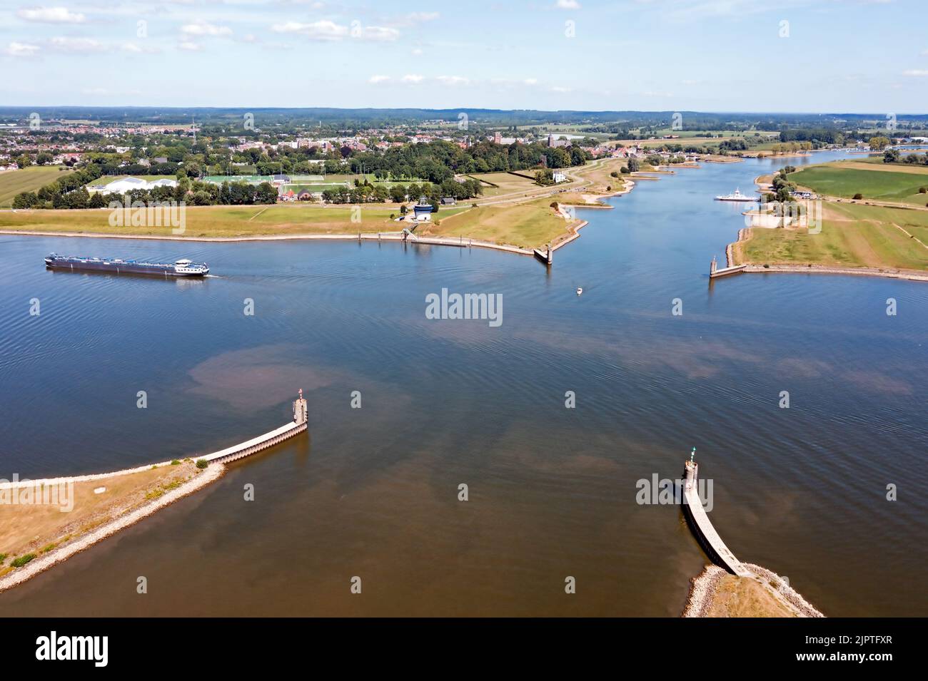 Aerial from the crossing from the rivers Neder Rine and river Lek at Wijk bij Duurstede in the Netherlands Stock Photo