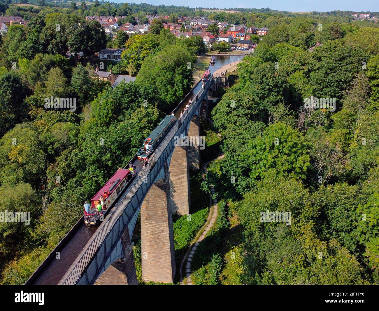 Aerial view of the Pontcysyllte Aqueduct that carries the Llangollen Canal across the River Dee in the Vale of Llangollen in northeast Wales. Stock Photo