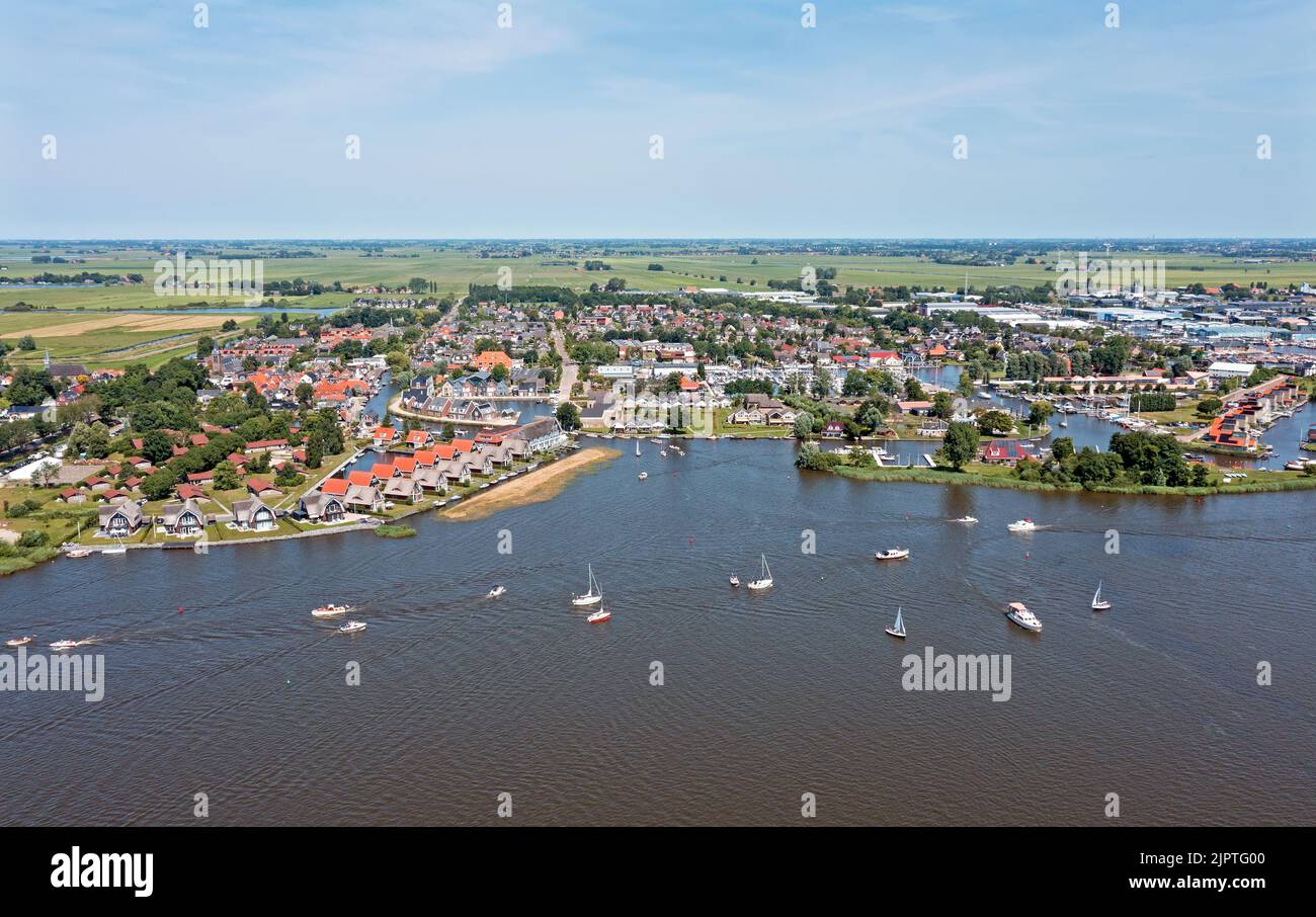 Aerial from the city Heeg at the Heegermeer in Friesland the Netherlands Stock Photo