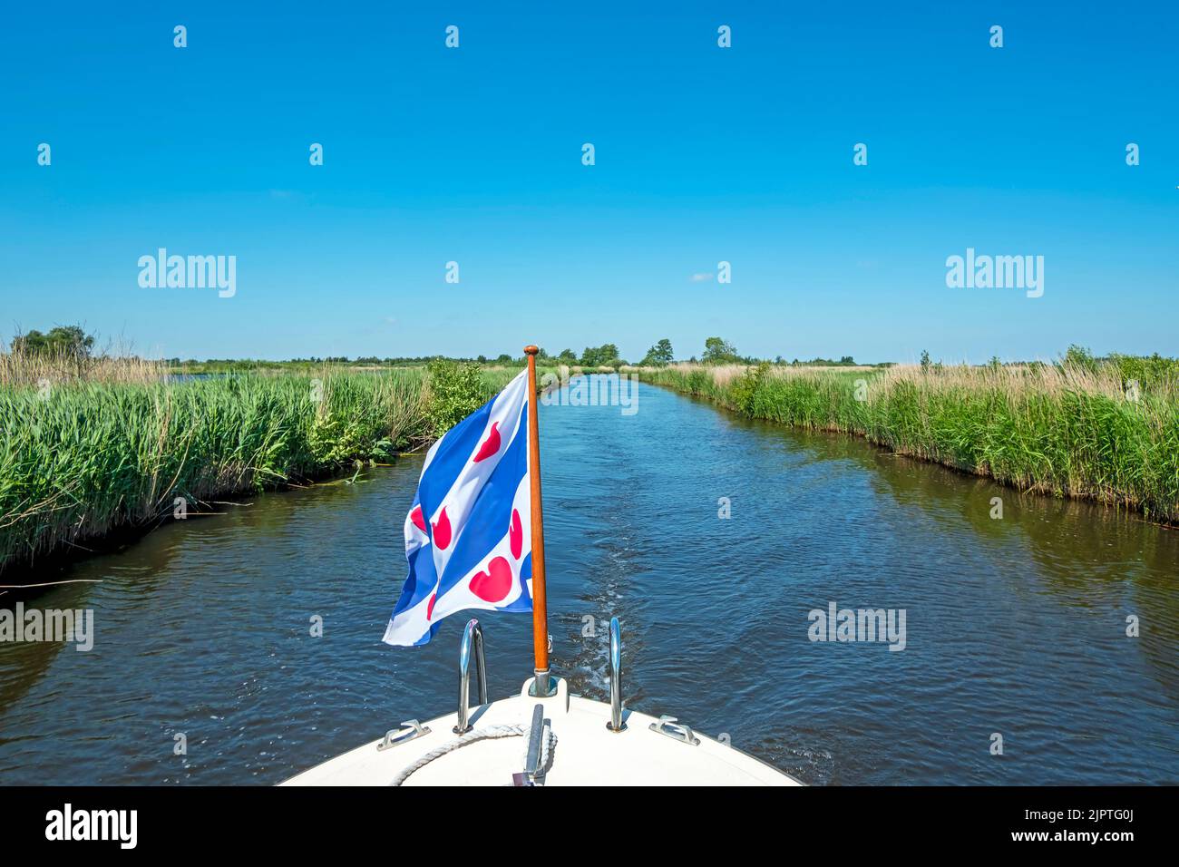 Cruising through National Park Alde Feanen in Friesland the Netherlands with the frisian flag Stock Photo
