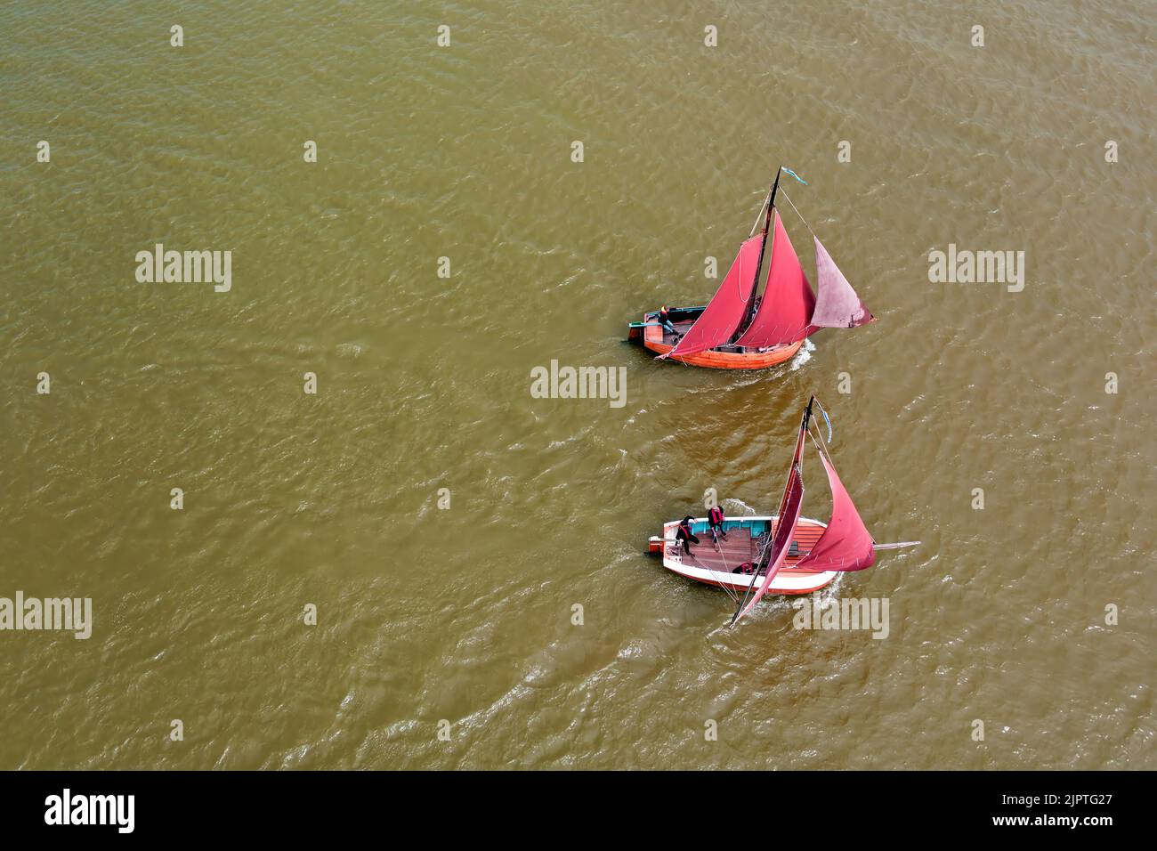 Aerial top shot from traditional dutch wooden boats at the IJsselmeer near the harbor from Laaxum in Friesland the Netherlands Stock Photo