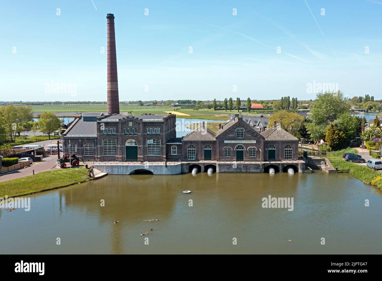 Aerial from the steam pumping station Vier Noorder Koggen in Wervershoof in the Netherlands Stock Photo