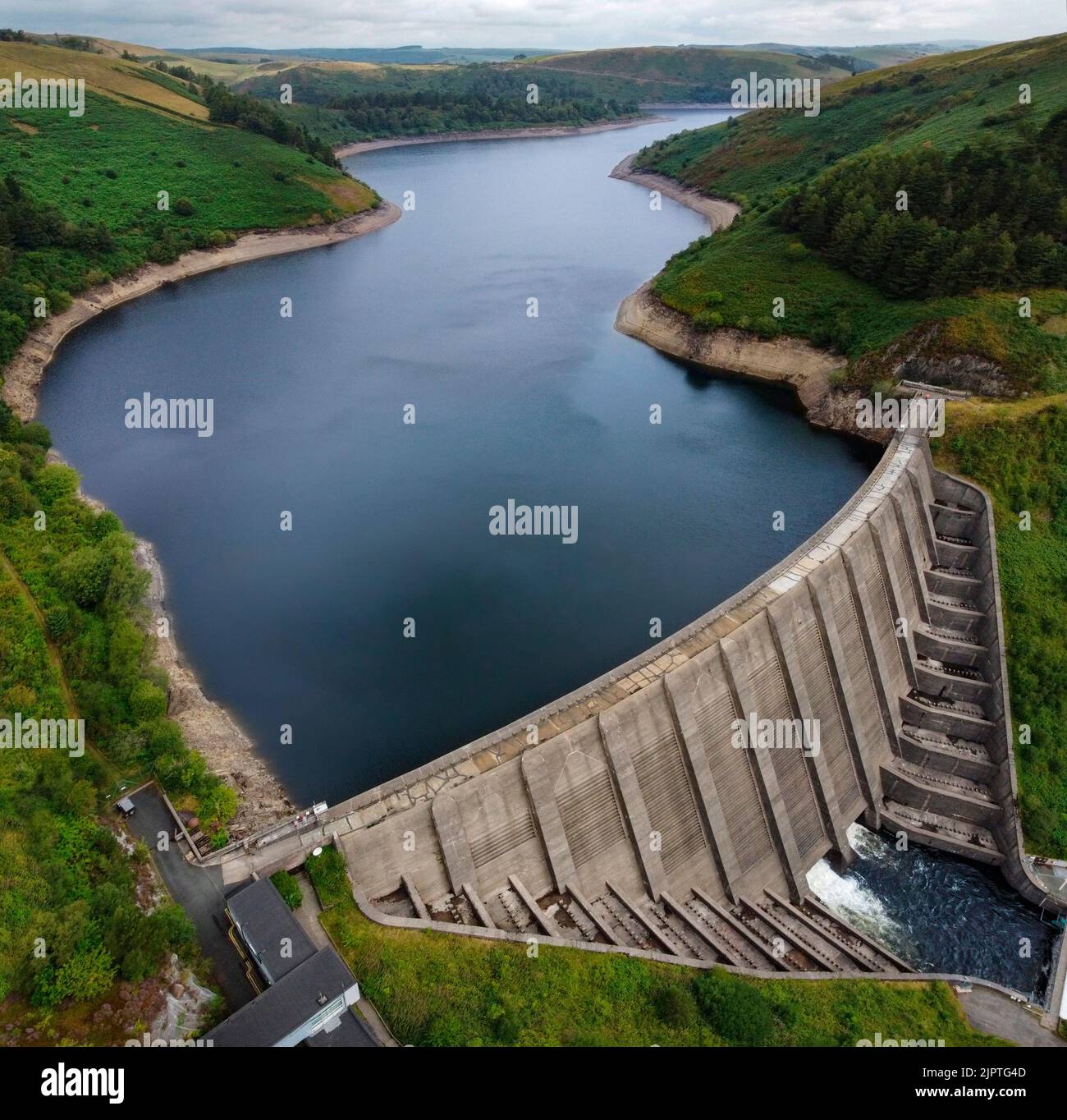 Aerial view of Llyn Clywedog Dam near Llanidloes in the Powis region of central Wales. Stock Photo