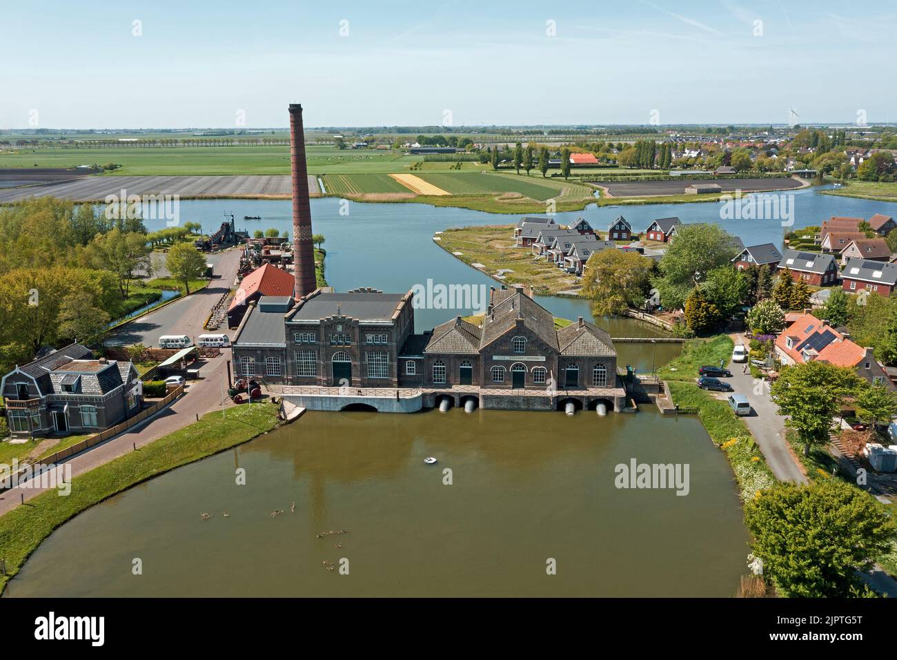 Aerial from the steam pumping station Vier Noorder Koggen in Wervershoof in the Netherlands Stock Photo