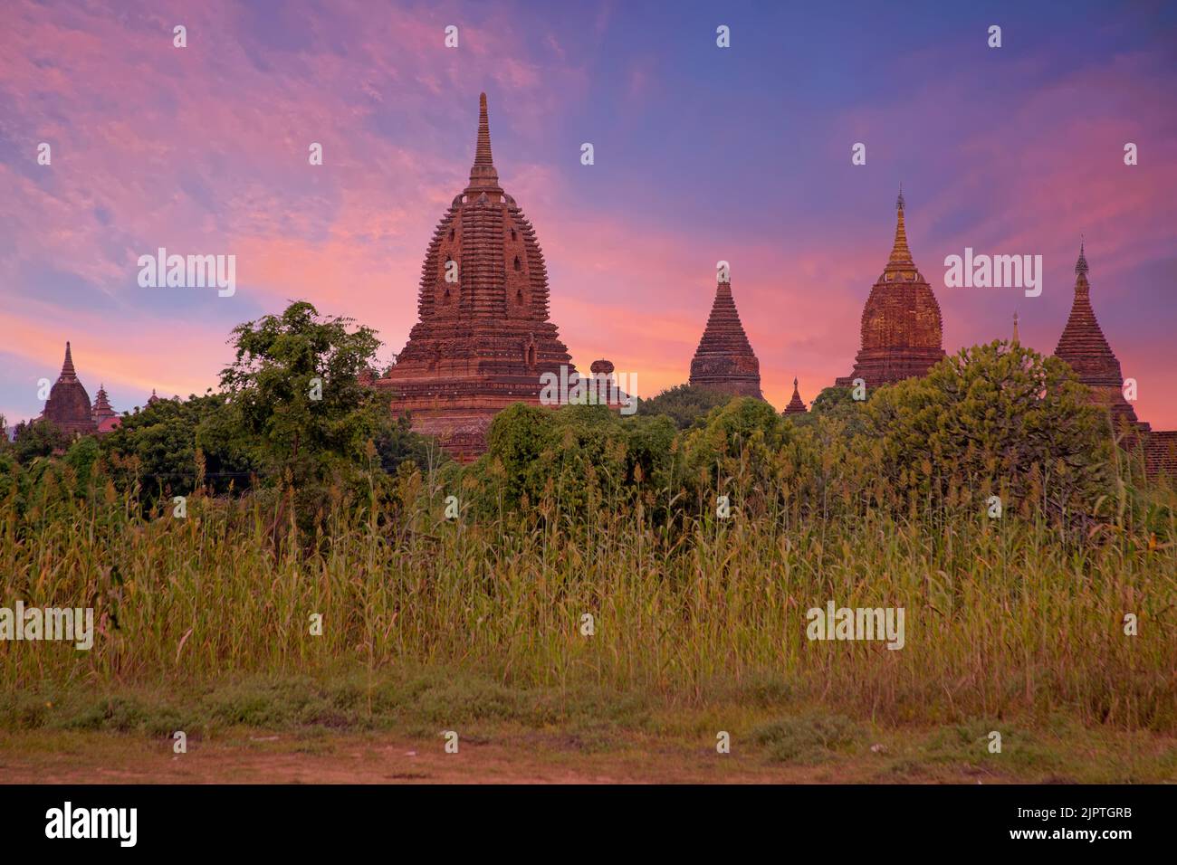 Ancient Temples in Bagan, Myanmar at sunset Stock Photo