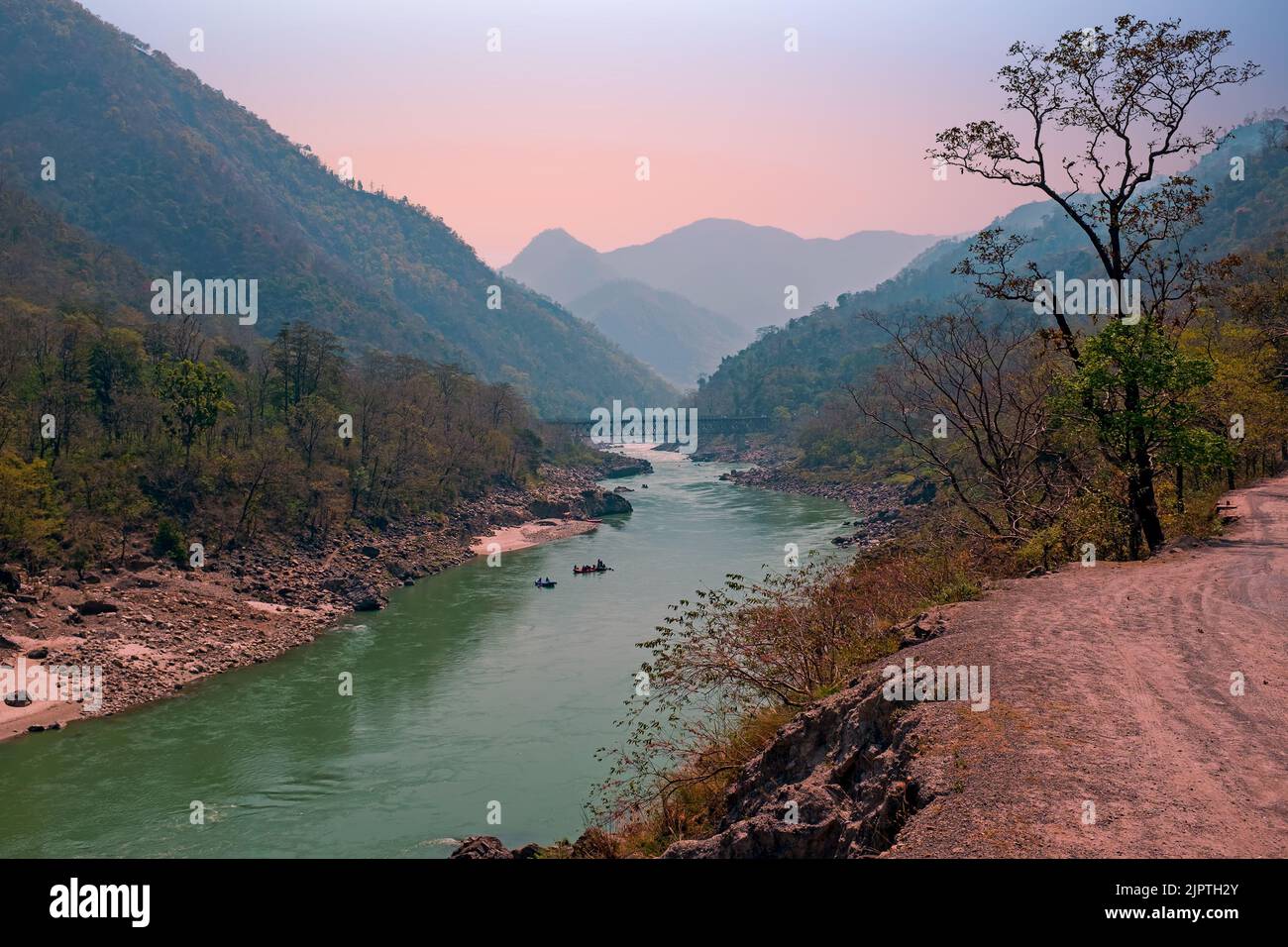 Ganga river in the Himalayas in India Asia at sunset Stock Photo