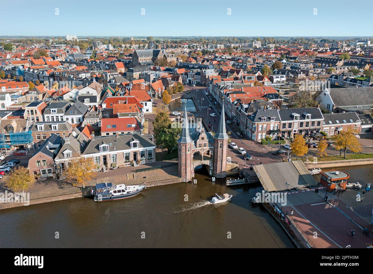 Aerial from the city Sneek with the Watergate in Friesland the Netherlands Stock Photo