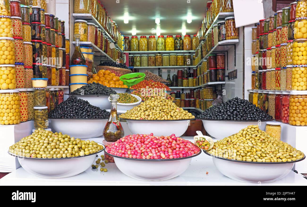 Pickles shop in a market in Morocco Stock Photo
