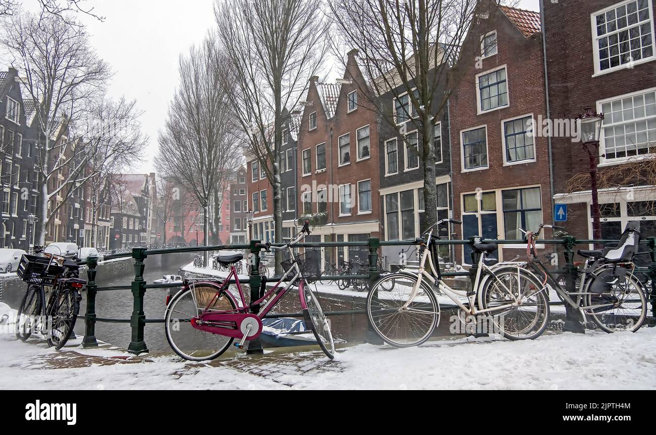 Snowing in Amsterdam the Netherlands in winter Stock Photo