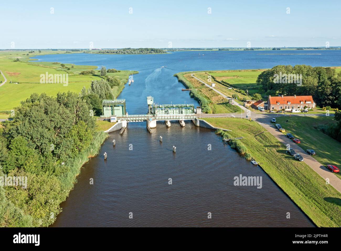 Aerial from the Kadoeler bridge at the Zwarte Meer in the Netherlands Stock Photo