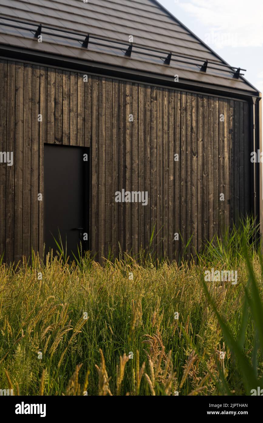 Black wooden house with black door, soft green grass and sedges. Plain Nordic or Scandinavian architecture, wooden wall texture, background Stock Photo