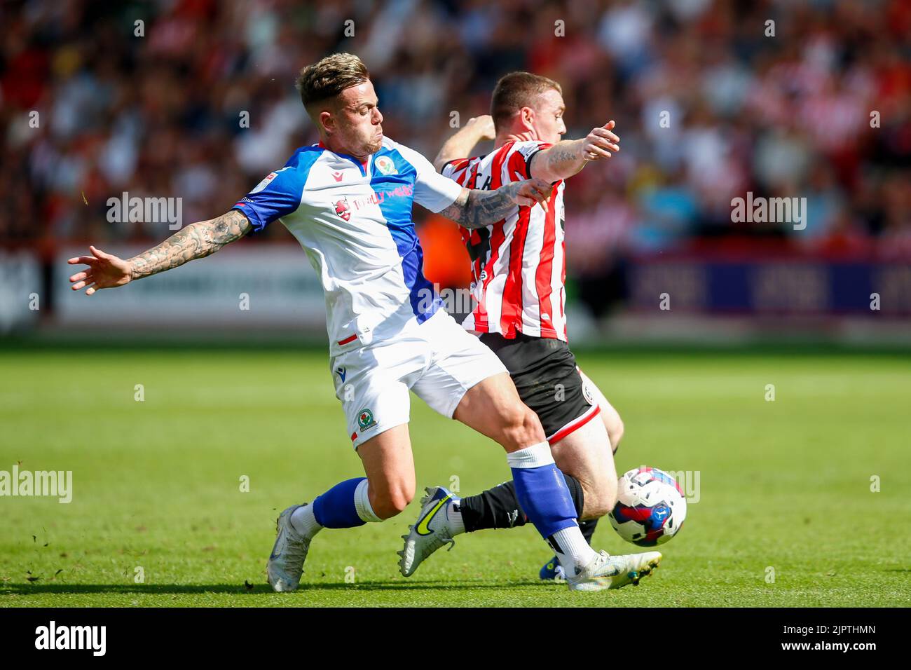 Sheffield, UK. 20th Aug, 2022. Sammie Szmodics #8 of Blackburn Rovers fouls John Fleck #4 of Sheffield United in Sheffield, United Kingdom on 8/20/2022. (Photo by Ben Early/News Images/Sipa USA) Credit: Sipa USA/Alamy Live News Stock Photo