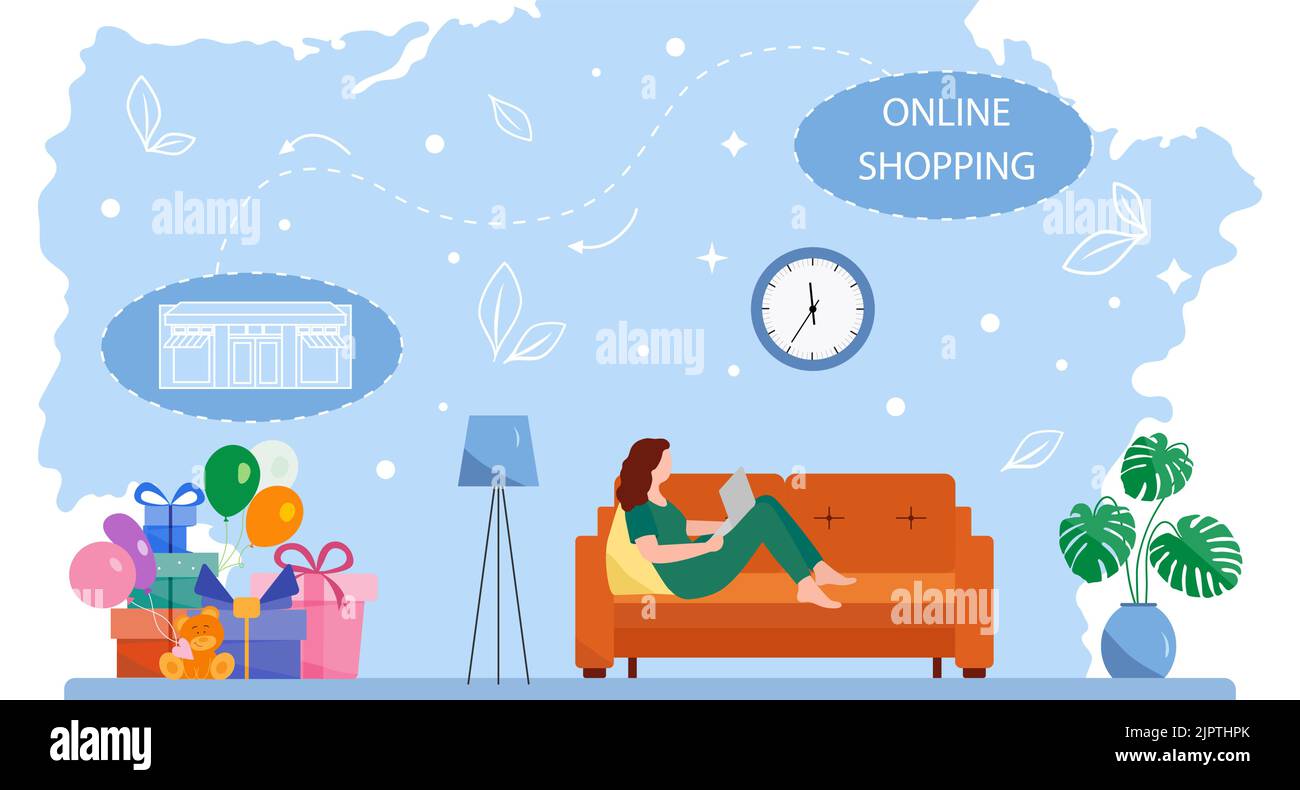 Vector illustration Woman uses a website on laptop to order gifts