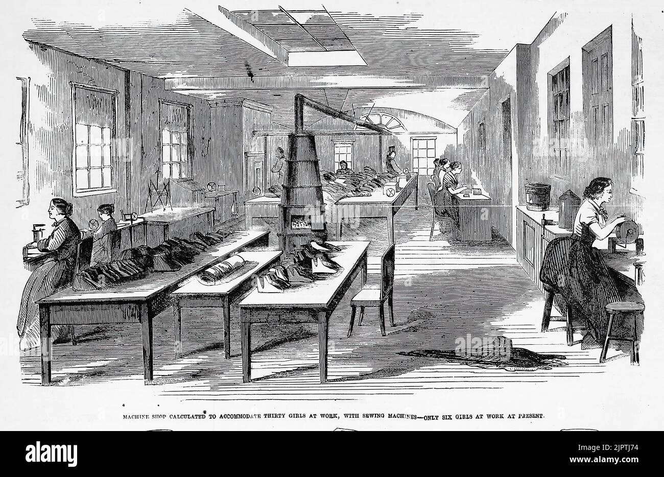 Machine shop calculated to accommodate thirty girls at work, with sewing machines - Only six girls at work at present. Lynn, Massachusetts. New England Shoemakers Strike of 1860. 19th century illustration from Frank Leslie's Illustrated Newspaper. Stock Photo