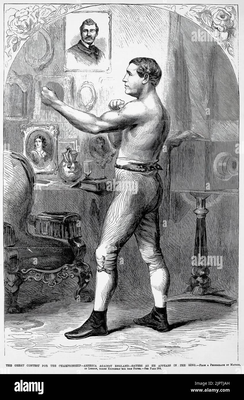 Portrait of Tom Sayers. The Great Contest for the Championship - America against England - Tom Sayers as he appears in the ring (1860). Prize fight, Tom Sayers vs. John C. Heenan. 19th century illustration from Frank Leslie's Illustrated Newspaper Stock Photo