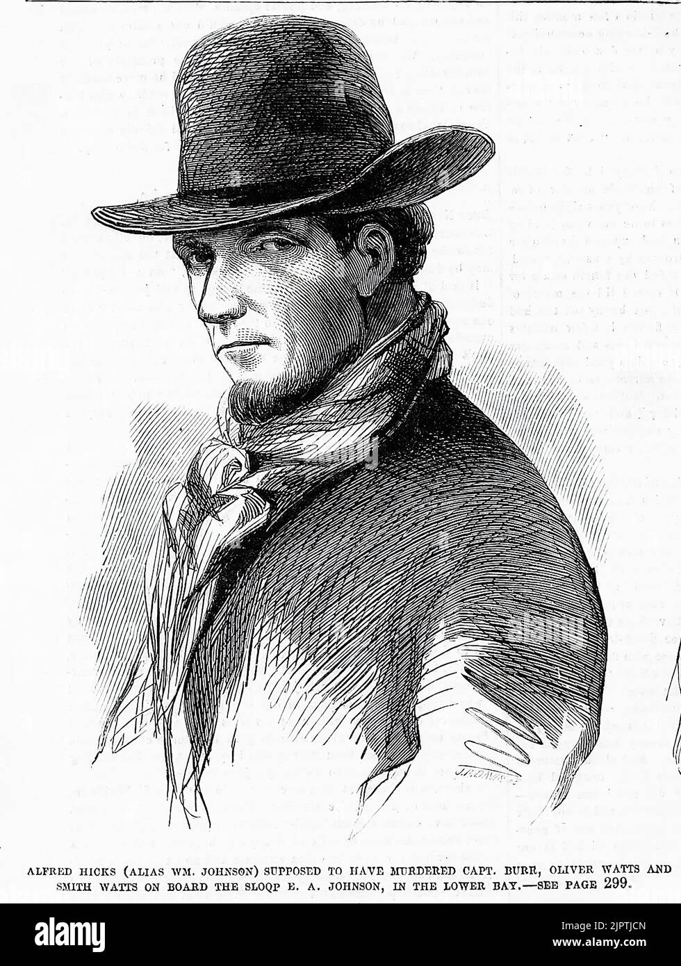 Portrait of Alred W. Hicks (alias William Johnson) supposed to have murdered Captain George H. Burr, Oliver Watts and Smith Watts on the sloop E. A. Johnson, in the Lower Bay. Later executed for piracy. 19th century illustration from Frank Leslie's Illustrated Newspaper Stock Photo