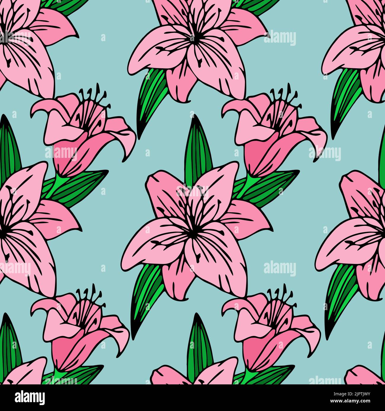 seamless repeating pattern of large pink lily flowers on a light blue ...