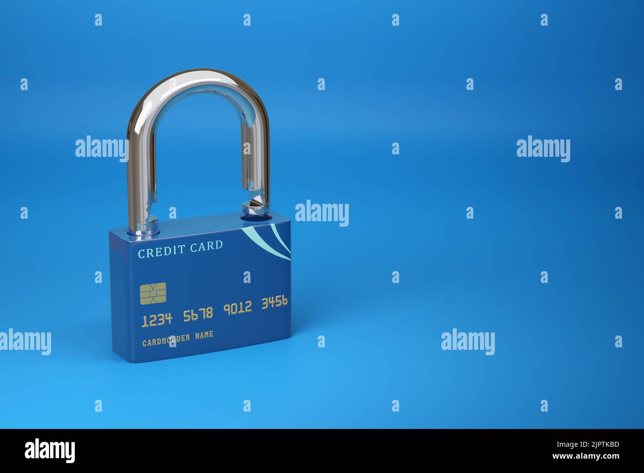 Credit card in the shape of an open padlock with copy space. Security concept. 3d illustration. Stock Photo