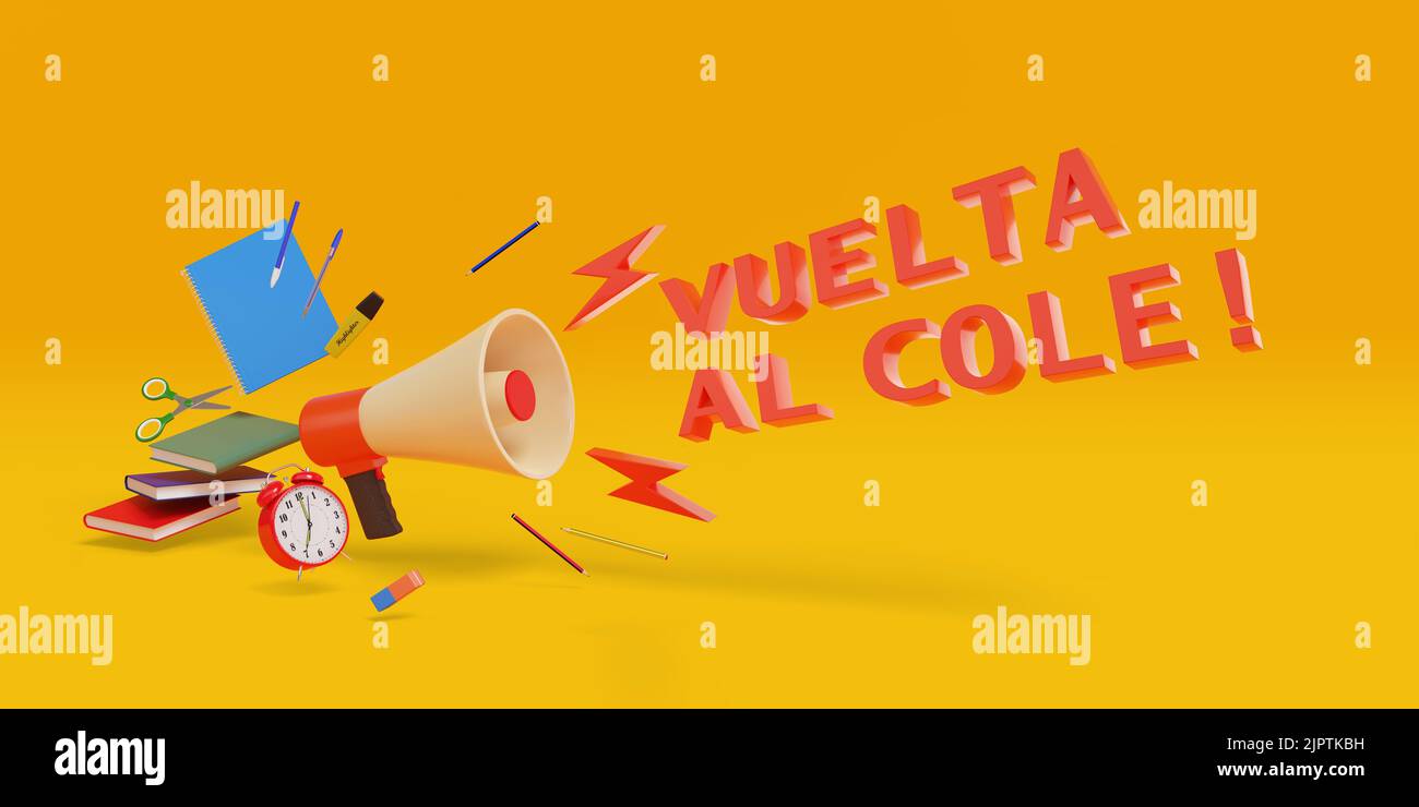 Megaphone with back to school text in spanish and school supplies. 3d illustration. Stock Photo