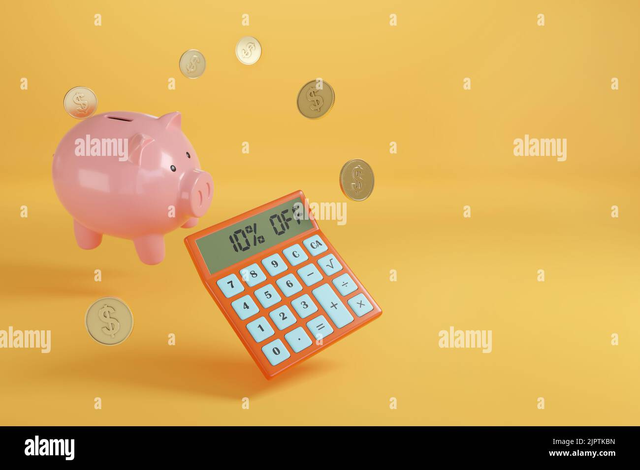 Calculator with the text 10% off on the screen next to a piggy bank and coins with copy space. 3d illustration. Stock Photo