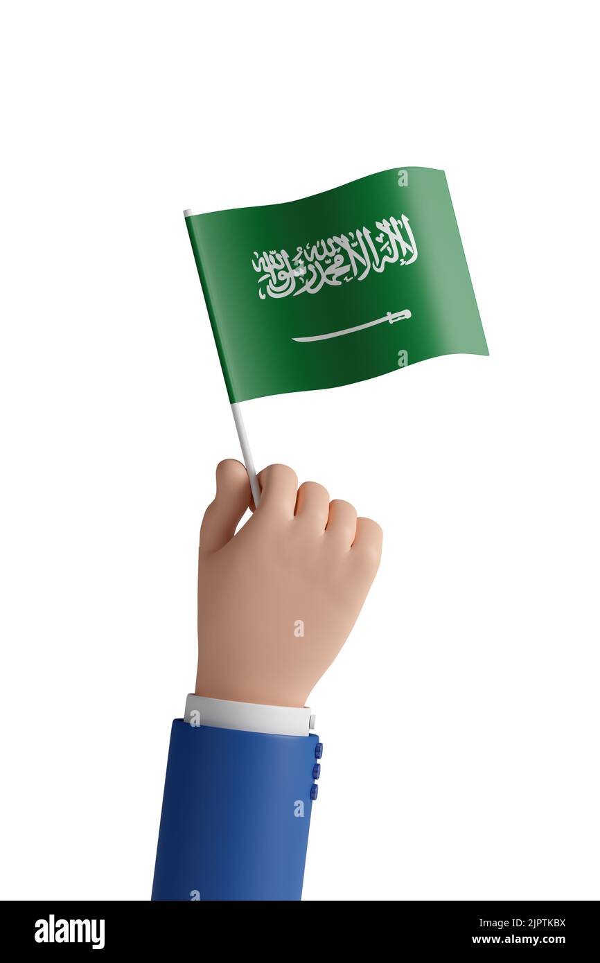 Cartoon hand with the flag of Saudi Arabia isolated on white background. 3d illustration. Stock Photo