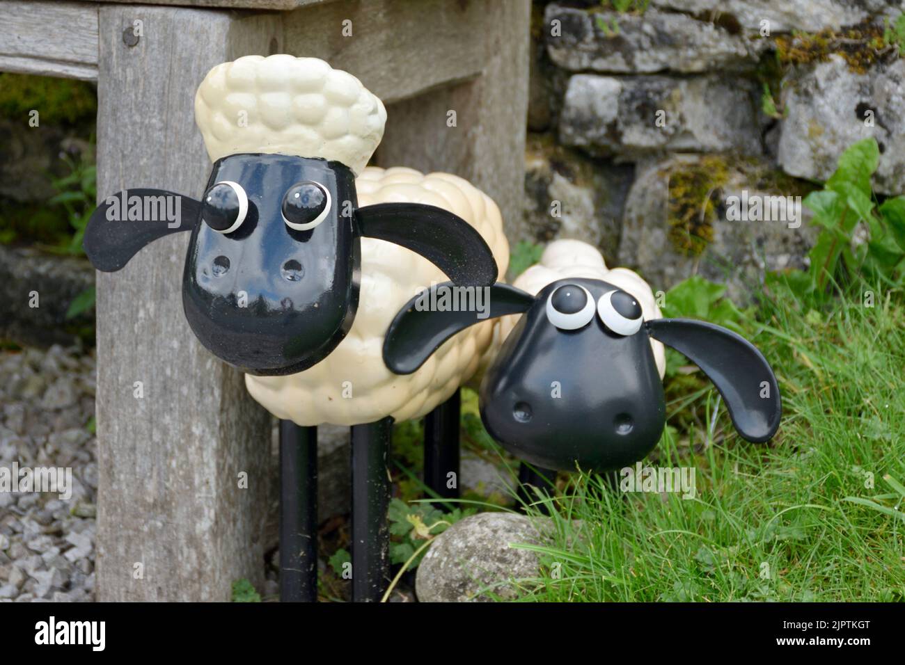 Shaun the sheep and friend at Conistone. Wharfedale, North Yorkshire Stock Photo