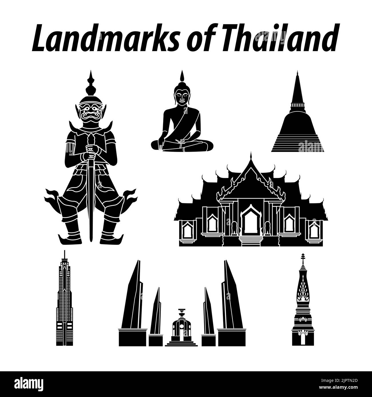 Bundle of Thailand famous landmarks by silhouette style,vector illustration Stock Vector