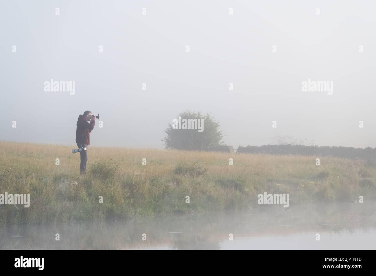 Kilmacolm, Scotland, UK, August 12th 2022, Photographer at sunrise looking for rare wildfowl on loch Stock Photo