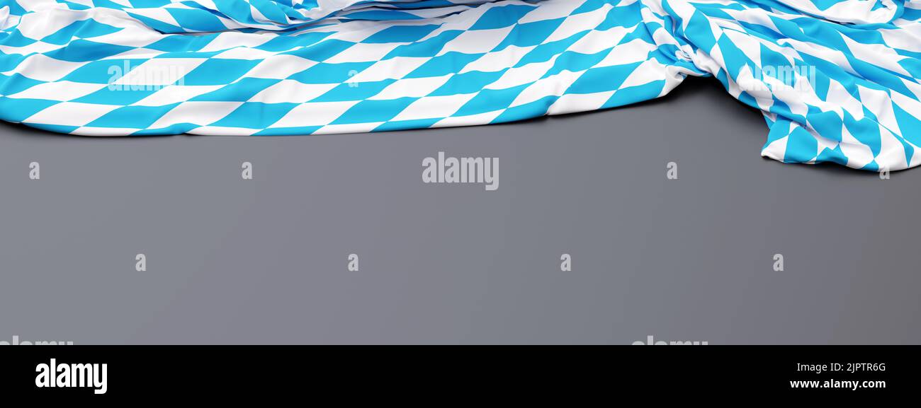Oktoberfest background. Bavarian rhombic pattern blue and white color flag on grey, banner. 3d render Stock Photo