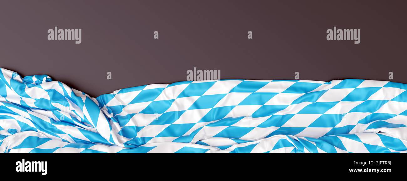 Oktoberfest background. Bavarian rhombic pattern blue and white color flag on grey, banner. 3d render Stock Photo