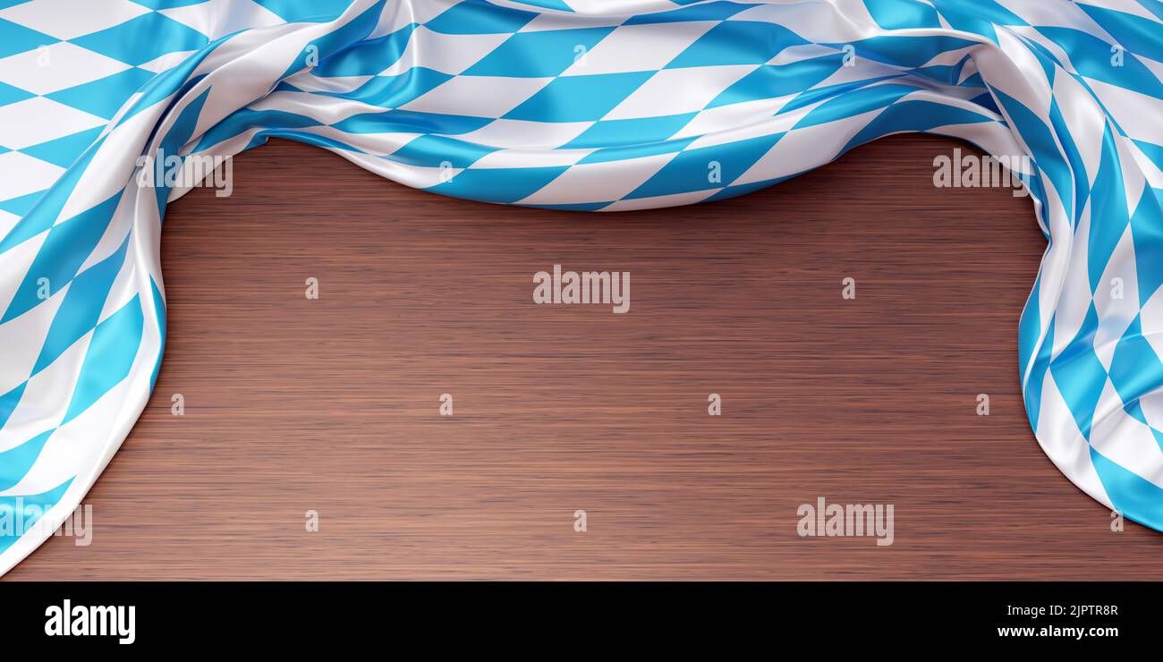 Oktoberfest background. Bavarian rhombic pattern blue and white color flag on wood, banner. 3d render Stock Photo