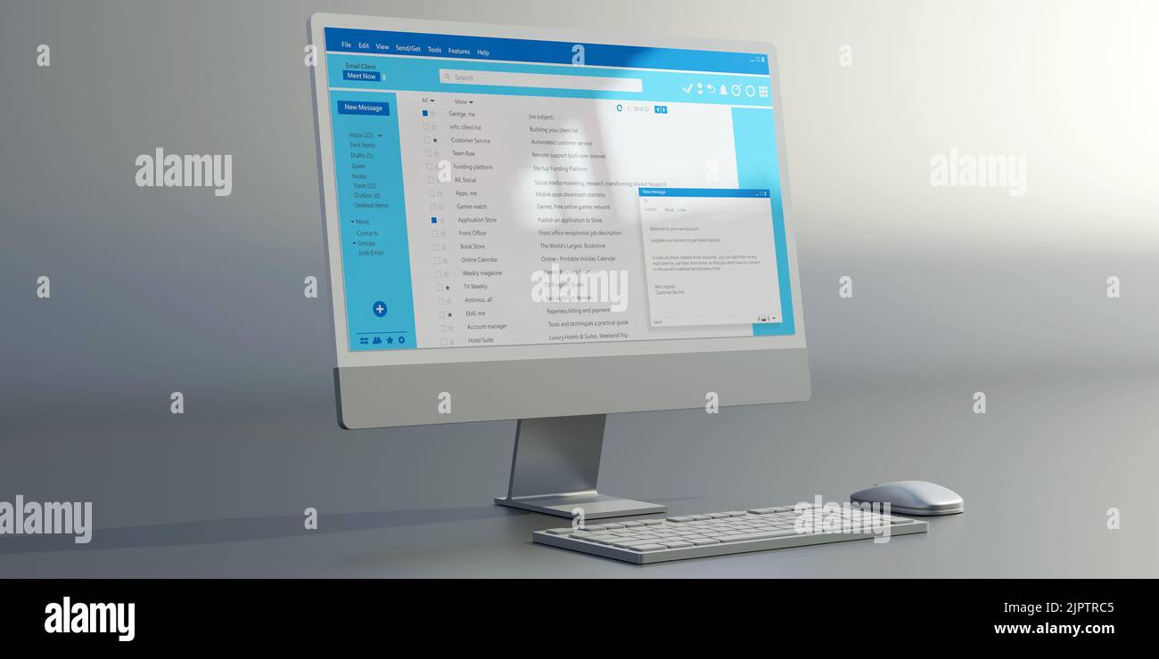 Email message communication. Client mail list on computer desktop