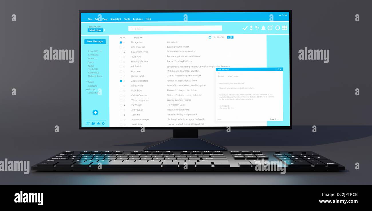 Email message communication. Client mail list on computer desktop