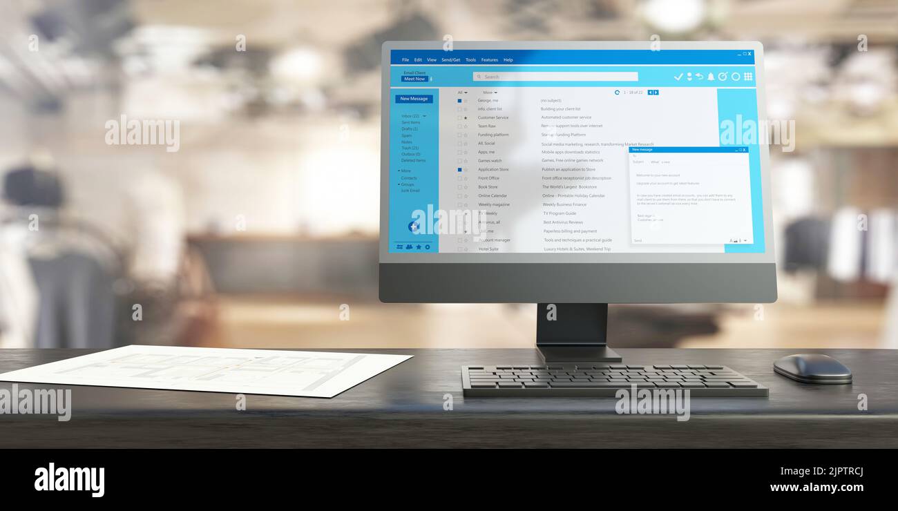 Email message communication. Client mail list on computer desktop