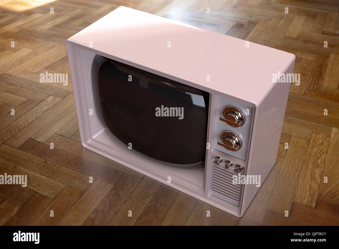 Nostalgia concept. Retro TV on wooden floor background. Vintage old fashioned white analog television for movie, news, broadcast. Overhead view. 3d re Stock Photo