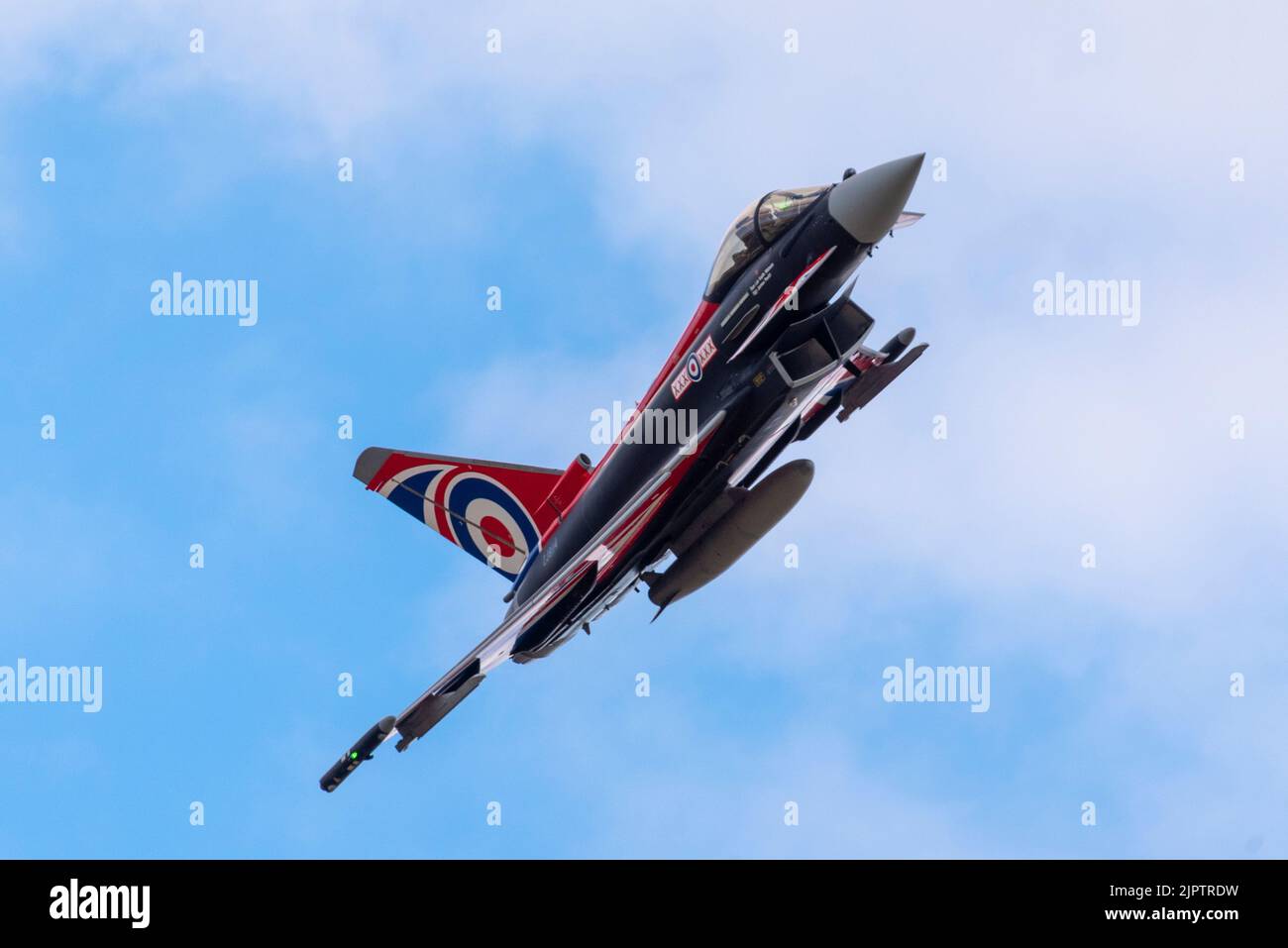 London Southend Airport, Essex, UK. 20th Aug, 2022. The RAF’s Typhoon jet fighters are using the civilian airport to operate from for this weekend’s airshows at Eastbourne and Folkestone. The RAF Typhoon fighter jet named Blackjack painted in patriotic Union Flag colour scheme Stock Photo