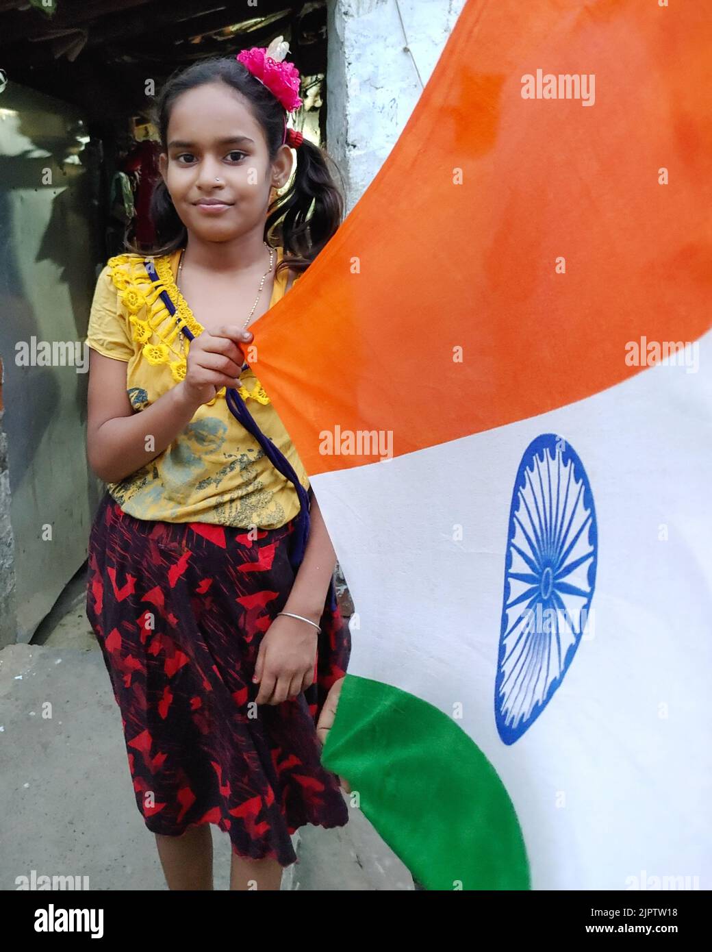 cute little Indian girl, 10-year Indian girl holding flag on Indian ...