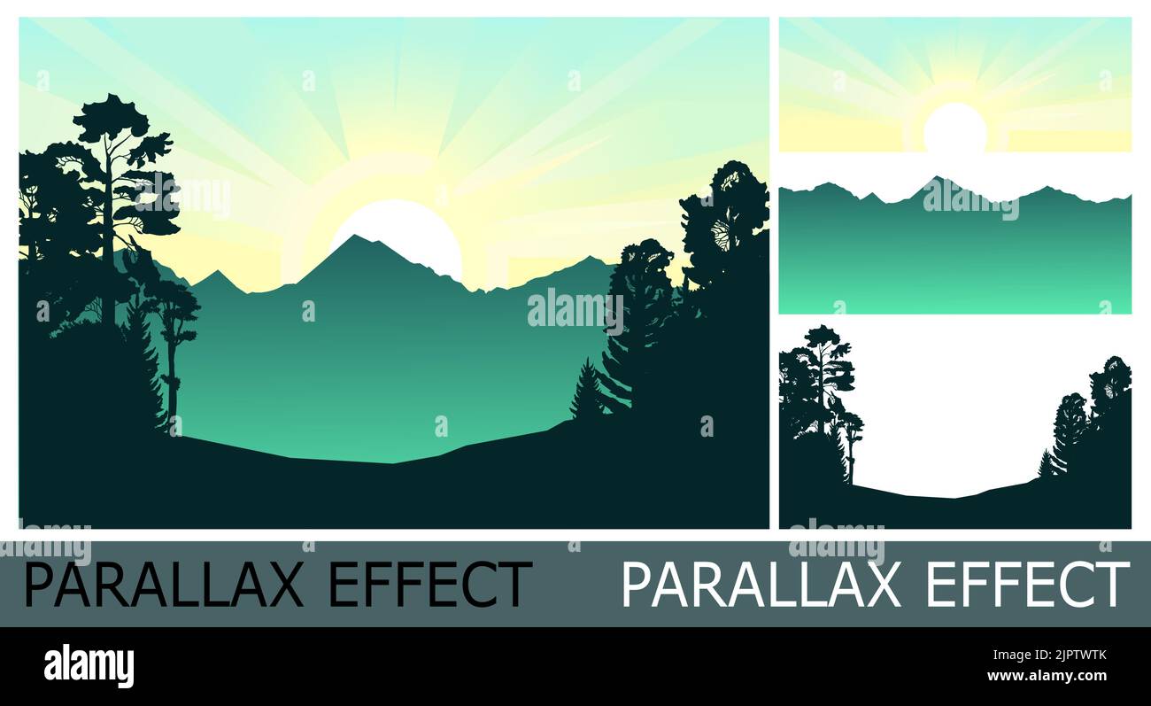 Mountain landscape. Haunted forest. Coniferous and deciduous trees. Silhouette Mountains rocks on horizon. Image from layers for overlay with parallax Stock Vector
