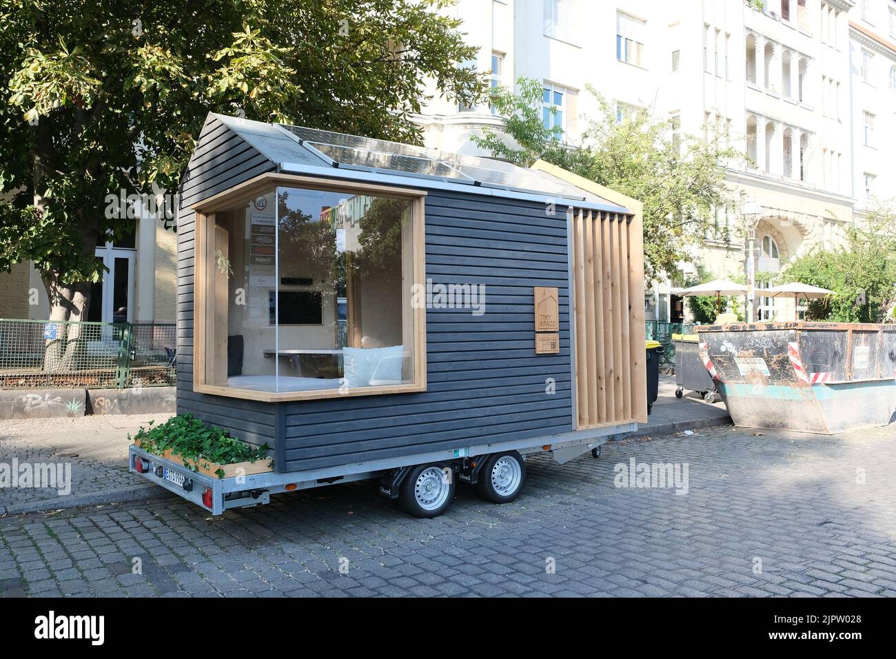 Berlin, Germany, July 29, 2022, parked, very small Tinyhouse at Paul Lincke Ufer. Stock Photo