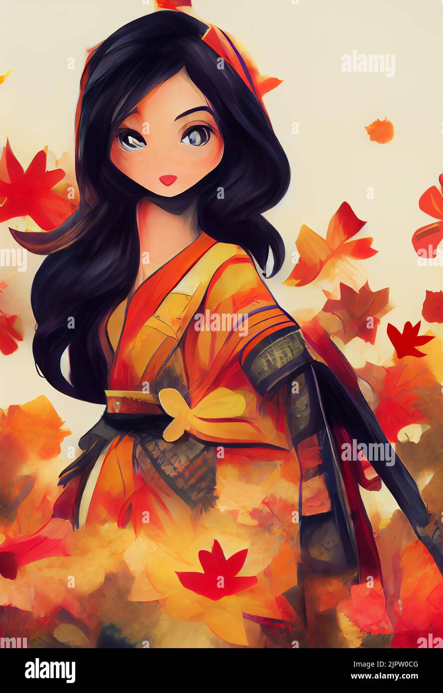 Illustrative image of a beautiful samurai girl in manga style. Stock Photo