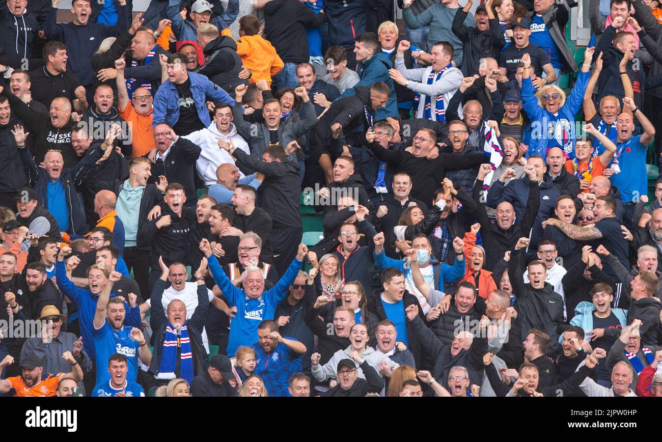 Edinburgh, UK. 20th Aug, 2022. Cinch Premiership - Hibernian v Rangers. 20/08/2022. Hibernian play host to Rangers in the cinch Premiership at Easter Road Stadium, Edinburgh, Midlothian, UK. Pic shows: RangerÕs fans celebrate after Tom Lawrence puts the visitors 2-1 ahead in the 58th minute Credit: Ian Jacobs/Alamy Live News Stock Photo