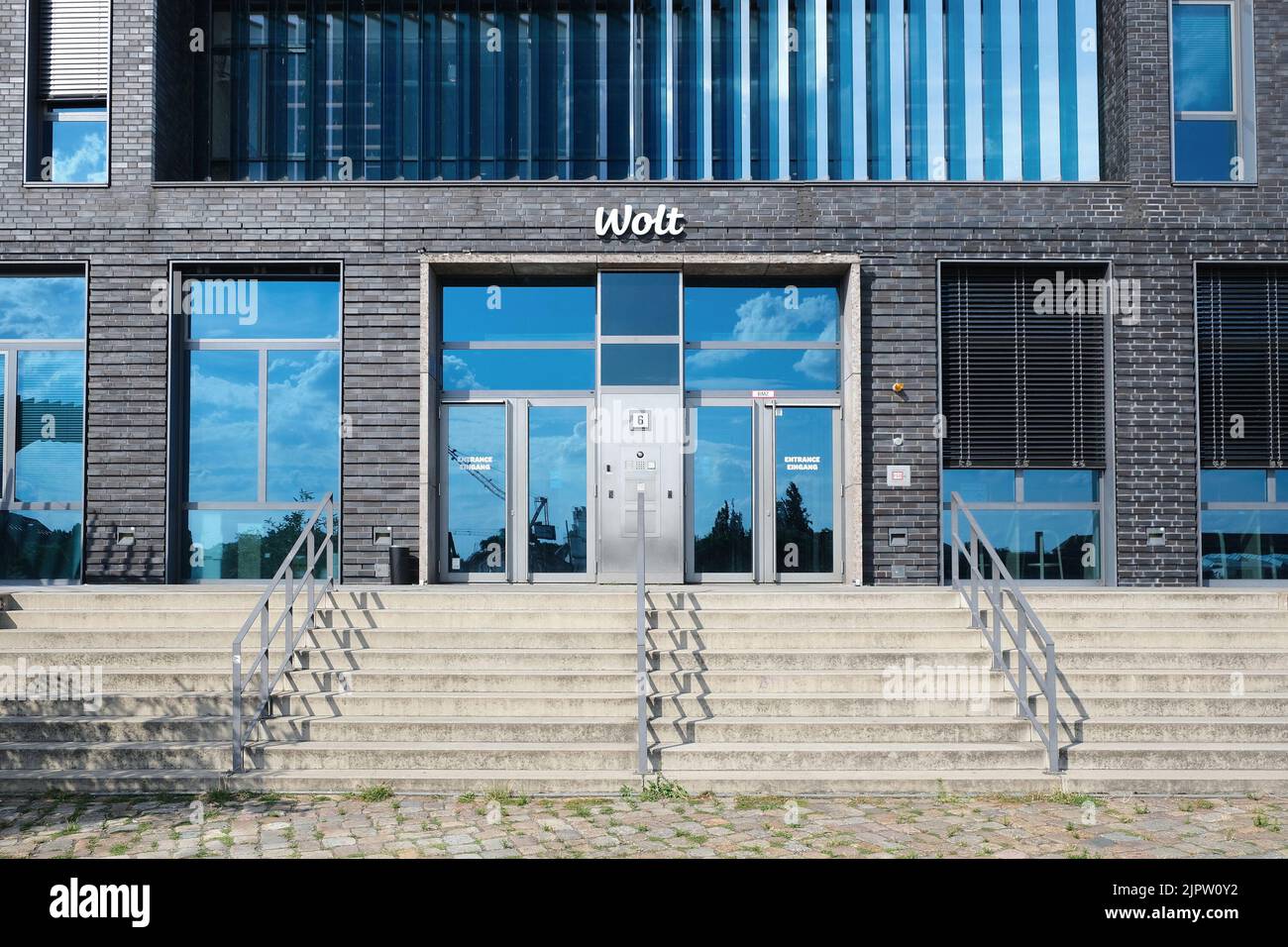 Berlin, Germany, July 29, 2022, entrance area of the Wolt headquarters in Stralauer Allee. Stock Photo