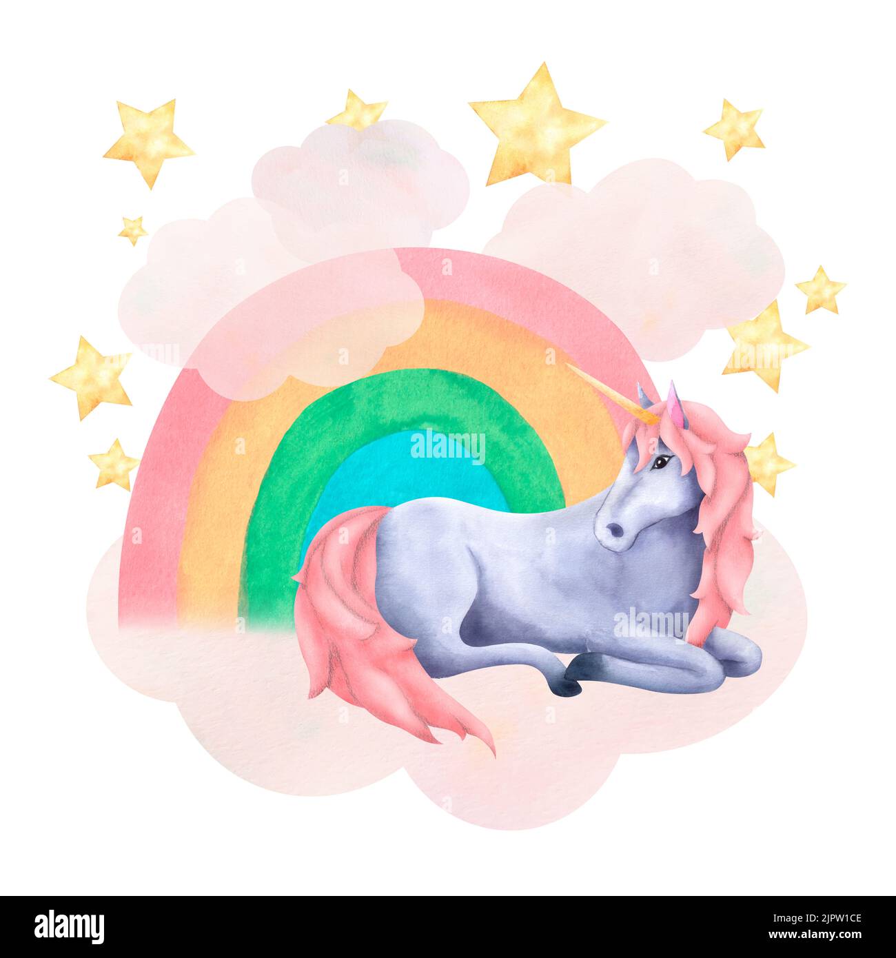 A composition with a magical unicorn in clouds with a rainbow painted ...