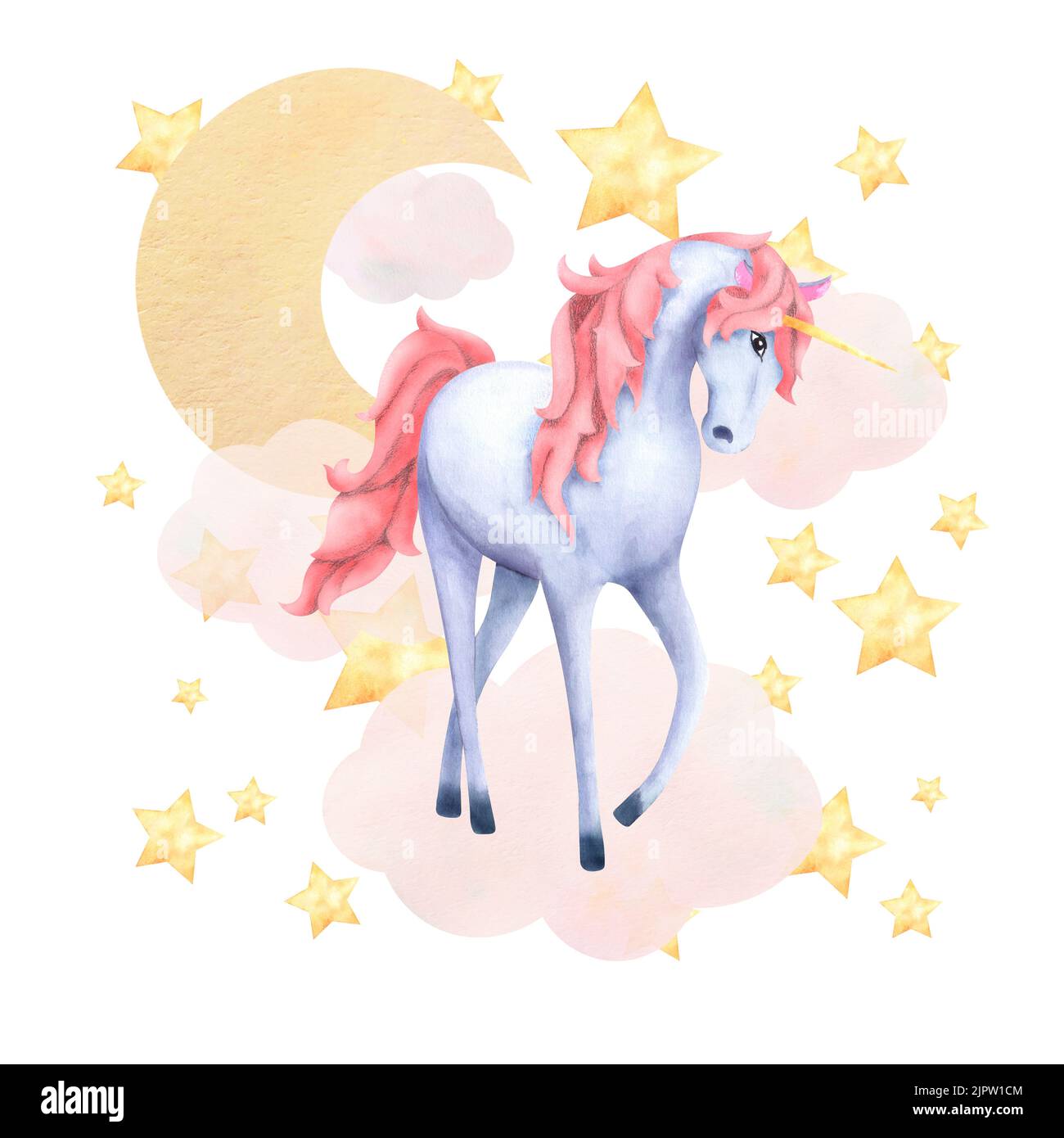 A composition with a magical unicorn in the clouds with the moon and ...