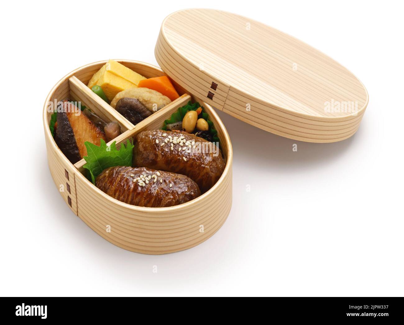 beef wrapped rice balls bento box, Japanese food Stock Photo