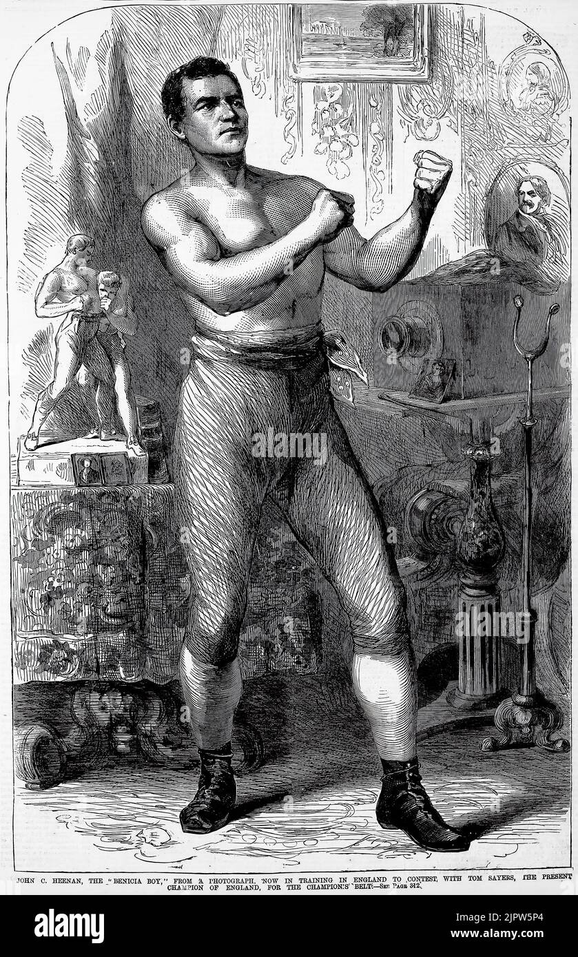 Portrait of John C. Heenan, the 'Benicia Boy,' now training in England to contest, with Tom Sayers, the present Champion of England, for the Champion's Belt (1860). 19th century illustration from Frank Leslie's Illustrated Newspaper Stock Photo