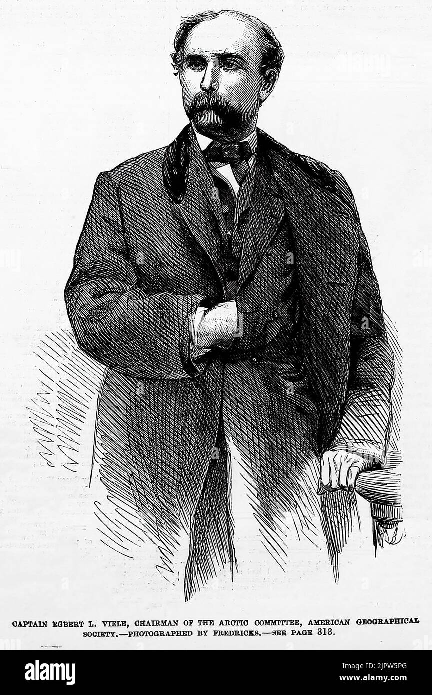 Portrait of Egbert Ludovicus Viele, chairman of the Arctic committee, American Geographical Society (1860). 19th century illustration from Frank Leslie's Illustrated Newspaper Stock Photo