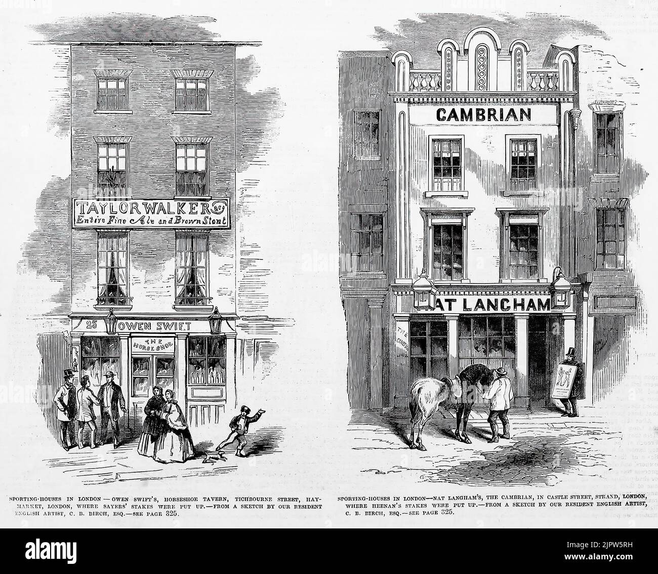 Sporting Houses in London - Owen Swift's, Horseshoe Tavern, Tichbourne Street, Haymarket, London, where Tom Sayers' stakes were put up - Nat Langham's, The Cambrian, in Castle Street, Strand, London, where John C. Heenan's stakes were put up (1860). 19th century illustration from Frank Leslie's Illustrated Newspaper Stock Photo